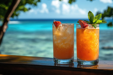 Two refreshing cocktails are sitting on a railing overlooking the ocean at sunsetの素材