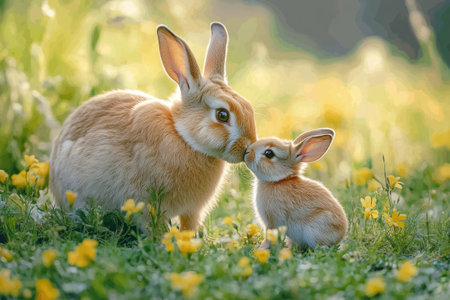 Mother rabbit kissing a baby rabbit in a field of yellow flowersの素材