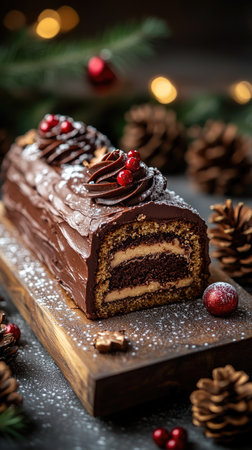 Chocolate yule log cake covered in chocolate frosting is being dusted with powdered sugar on a black slate platterの素材