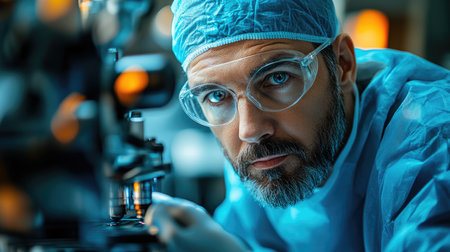 Scientist wearing protective glasses, mask and cap looking through microscope in a laboratoryの素材