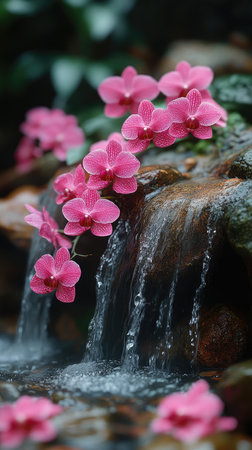 Several vibrant pink orchid blossoms adorn the edge of a rocky waterfall, their delicate beauty complementing the cascading waterの素材