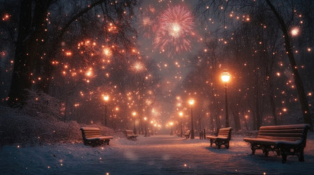 Snow covered city park is illuminated by streetlights and fireworks exploding overheadの素材