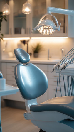Empty dentist chair illuminated by lamp is waiting for the next patient in a modern dental clinicの素材