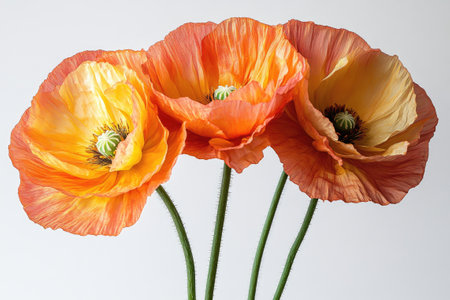 Three orange iceland poppies are blooming on their green stems with a white backgroundの素材