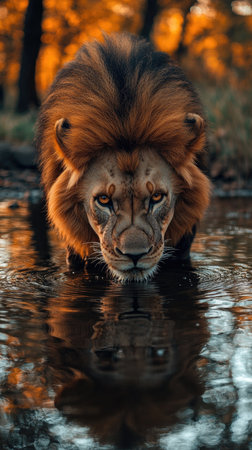 Majestic lion drinking water from a pond with its reflection visible on the surfaceの素材