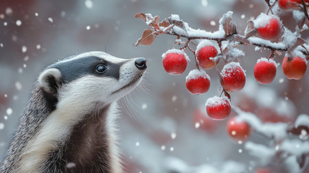 European badger reaching for a red apple on a snowy branch in winterの素材