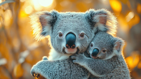 Mother koala bear holding her baby in a warm embrace, enjoying the golden hour light in the eucalyptus forestの素材