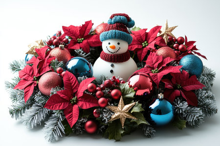 Christmas wreath with snowman, berries and baubles lying on white backgroundの素材