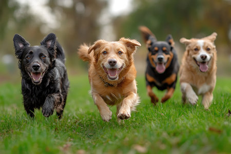 Four happy dogs running towards the camera through a grassy fieldの素材