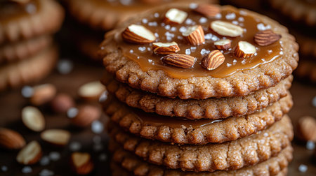 A stack of freshly baked cookies is topped with melted caramel and crunchy almonds on a rustic wooden surfaceの素材