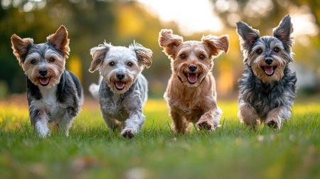 Four happy dogs running towards the camera through a grassy fieldの素材