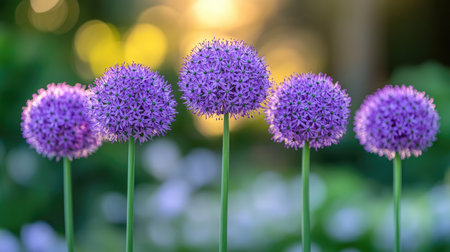 Five purple allium flowers are blooming in a garden with a blurred background and the setting sun out of focus behind themの素材