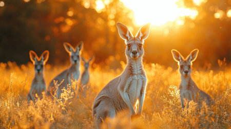 A group of kangaroos is standing in the outback at sunsetの素材