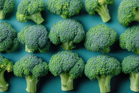 Creative food pattern with raw broccoli florets on vibrant green backgroundの素材