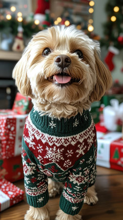 Cute puppy wearing a Christmas sweater is happily posing near a decorated Christmas treeの素材