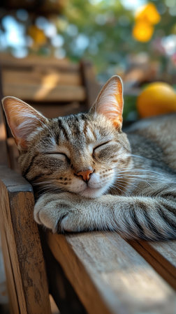 Cute tabby cat enjoying a peaceful nap on a wooden chair, bathed in warm sunlightの素材