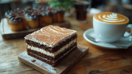 Two slices of tiramisu cake with coffee beans sprinkled on top are sitting on wooden boards, with a cup of cappuccino in the background, inside a cafeの素材