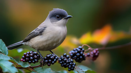 Cute bird perched on a branch with berries is enjoying the beautiful autumn colors on a sunny dayの素材