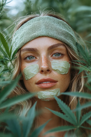 Young woman is smiling while wearing a cannabis-infused skincare face maskの素材