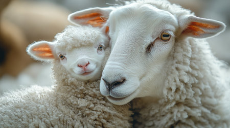 Mother sheep and her lamb are cuddling together in a barnyardの素材