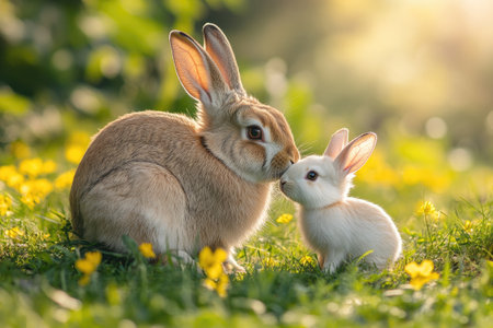 Mother rabbit kissing a baby rabbit in a field of yellow flowersの素材