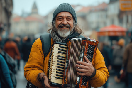 Senior musician playing accordion on the street in front of touristsの素材