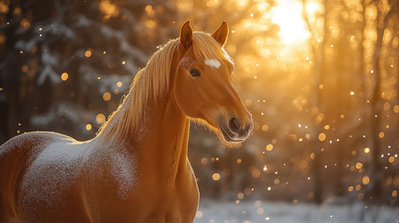 Beautiful golden horse with a flaxen mane standing in a snowy forest during sunset snowfallの素材