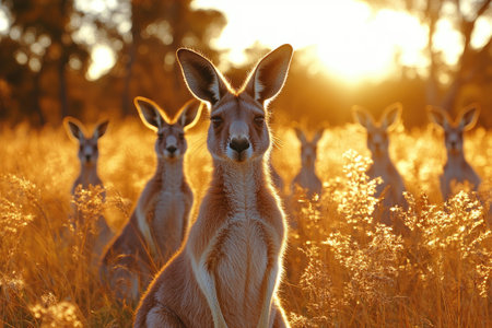 Curious eastern gray kangaroo is standing in front of its family in the bush at sunsetの素材