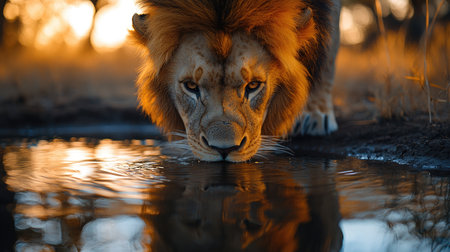 Young male lion quenching his thirst at a waterhole, bathed in the warm glow of the setting sunの素材