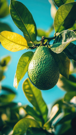 Ripe avocado is hanging from the branch of an avocado tree on a sunny dayの素材