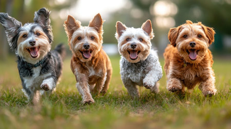 Four happy dogs running towards the camera through a grassy fieldの素材
