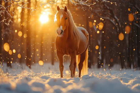 Beautiful golden palomino horse with a white blaze stands in a snowy winter forest as the sun setsの素材