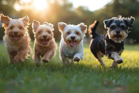 Four happy dogs running towards the camera through a grassy fieldの素材