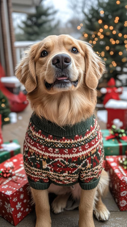 Cute puppy wearing a Christmas sweater is happily posing near a decorated Christmas treeの素材