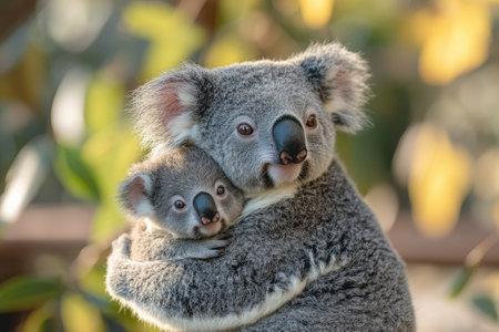 Mother koala bear is hugging her baby in the eucalyptus forest at sunsetの素材