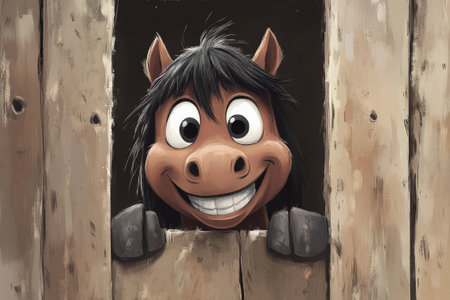 Cheerful cartoon horse is peeking over a blank sign and smilingの素材