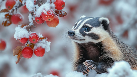 European badger reaching for a red apple on a snowy branch in winterの素材