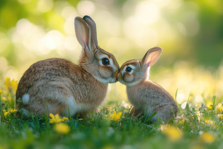Mother rabbit kissing a baby rabbit in a field of yellow flowersの素材