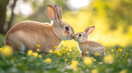 Mother rabbit is kissing a baby bunny in a field of spring flowersの素材
