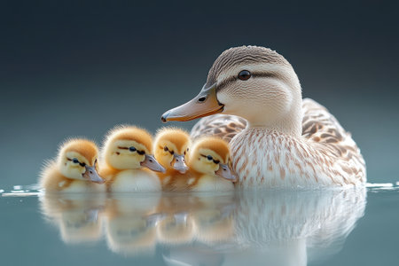 Mother duck is swimming peacefully with her four ducklings on a lakeの素材