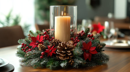 Burning candle in a glass jar surrounded by Christmas decorations rests on a tableの素材