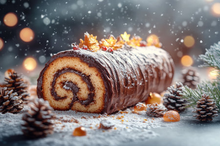 Chocolate yule log cake is decorated for Christmas dinner, sitting on a table with pine cones and fir branchesの素材