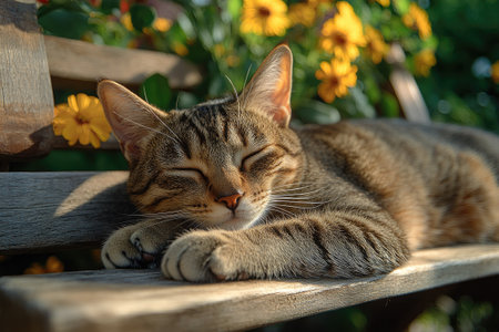 Tabby cat is enjoying a sunny afternoon, taking a nap on a wooden benchの素材