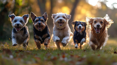 Four happy dogs running towards the camera through a grassy fieldの素材