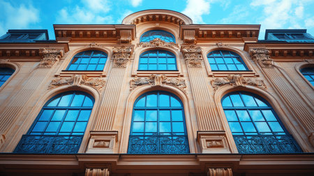 The ornate facade of a classical building featuring arched windows reflecting a blue skyの素材