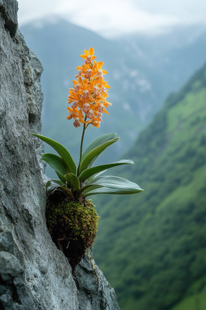 Orange orchid is blooming on the face of a cliff overlooking a vast tropical rainforestの素材
