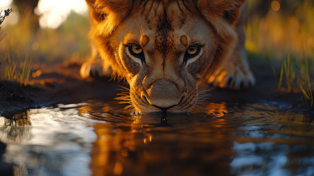 Young male lion quenching his thirst at a waterhole, bathed in the warm glow of the setting sunの素材