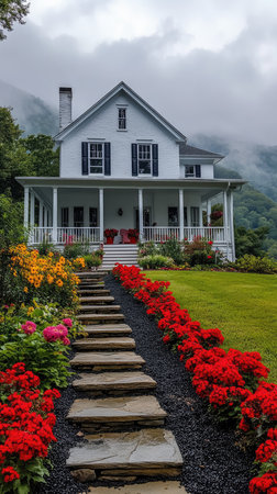 A stone path surrounded by colorful flowers leads to a welcoming white country house with a porch and black shuttersの素材