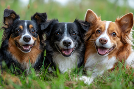 Four happy dogs running towards the camera through a grassy fieldの素材