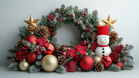 Christmas wreath with snowman, berries and baubles lying on white backgroundの素材